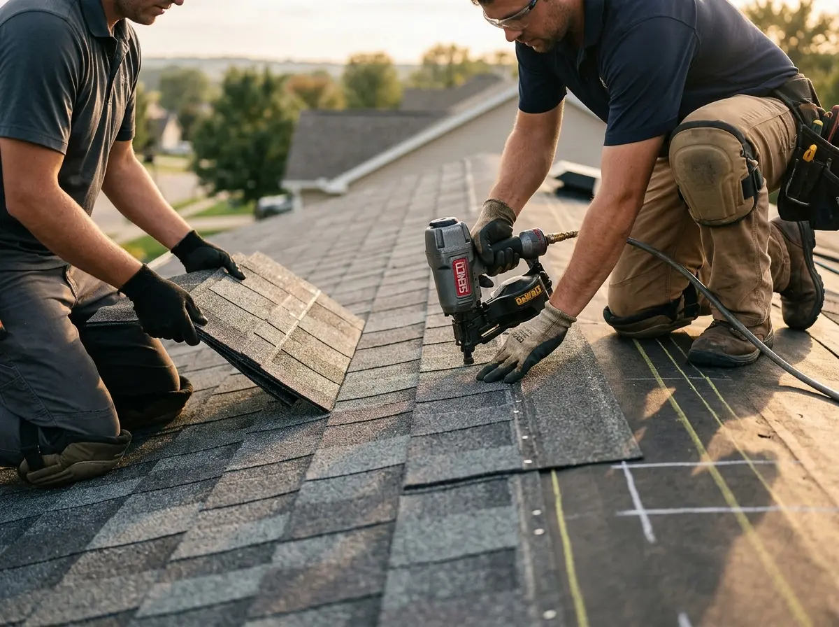 Professional roofer working on a residential roof in Little Silver